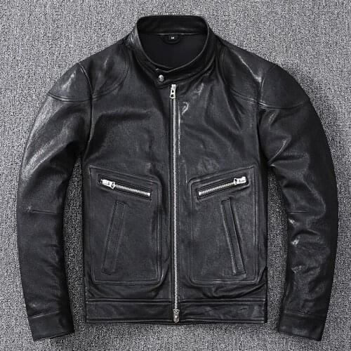 Pakistan Imports Vegetable Tanned Sheepskin Stand Collar Motorcycle Suit Leather Jacket Mens Leather Short Coat