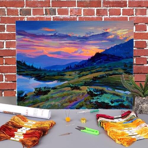 Landscape Evening Printed Water-Soluble Canvas 11CT Cross Stitch DIY Embroidery Full Kit DMC Threads Craft Painting Magic