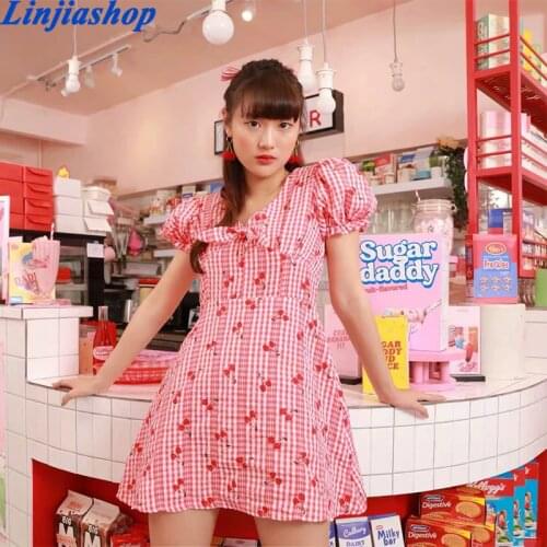 Red Cherry Plaid Dress Women Bow Tie V Neck Short Sleeve A-line Mini Sweet Dress Female Summer Short Vestido