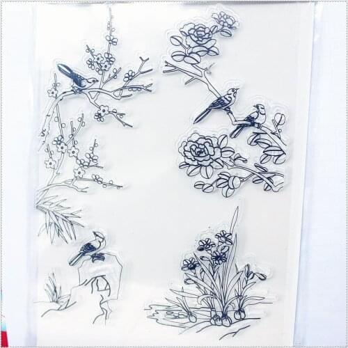 11.3*15.56 Plum Flower Bird Transparent Silicone Rubber Clear Stamps Cartoon For Scrapbooking/DIY Wedding Album