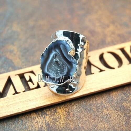 RM15301 Raw Stone Jewelry Boho Wide Band Ring Agate Druzy Geode Statement Ring Silver Cuff Ring