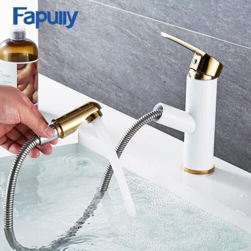 Fapully Mini Basin Faucet Luxury Gold Bathroom Faucets Pull Out Brass Basin Mixer Faucet Cold and Hot Bathroom Taps 508-11WG