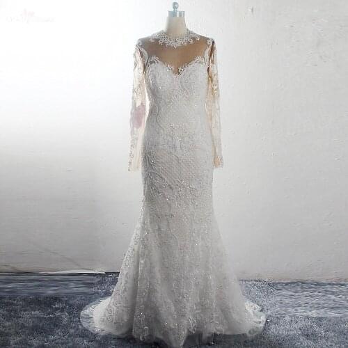 RSW1578 Bridal Dress Long Sleeves High Necklin Illusion Back Pearls Beaded Mermaid Wedding Gowns
