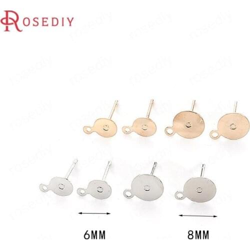 50PCS 6MM 8MM 24K Gold Color Brass and Steel Needle with Hanging Hole Flat Disk Stud Earrings Pins Jewelry Earrings Accessories