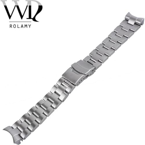 Rolamy 22mm Sliver All Brush Stainless Steel Wrist Watch band Replacement Metal Watchband Bracelet Double Push Clasp For Seiko