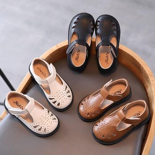 Kids Shoes 2021 Spring Autumn Girls T Strap Shoes Hollow Outs Boys Shoes Breathable Leather Shoes For Children Baby Black 1-7y