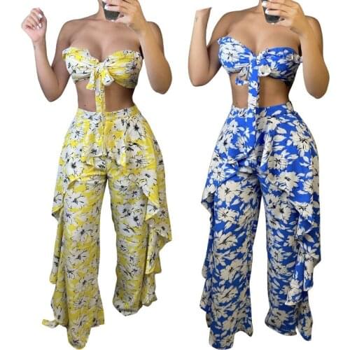 Echoine Floral Flower Print Lace Up Crop Top Ruffle Pants Set Two Piece Set Elegant Sexy Matching Set Beach Holidays Clothing
