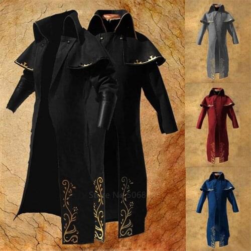 Men Medieval Vintage Steampunk Trench Peacoat Turn Down Collar Windbreaker Male Cosplay Renaissance Costume Slim Overcoat S-5XL