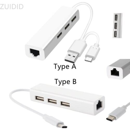 High-speed Portable Office School Tablet RJ45 USB 2.0+Type-C 3 Port HUB Ethernet Adapter Lan Network Card