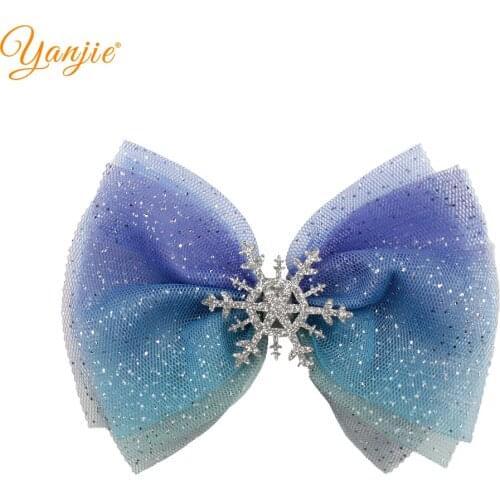 YANJIE 2021 Hot-sale Snowflake Princess Girls Mesh 5" Hair Bow Barrette DIY Hair Accessories For Women Hair Clip Headwear