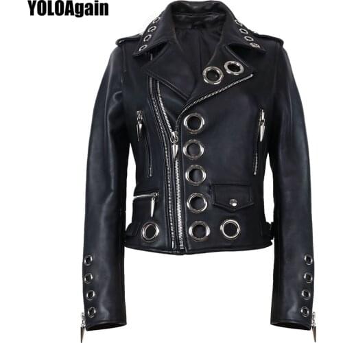 YOLOAgain Spring Women Circle Rivet Biker Jacket Genuine Leather Jacket