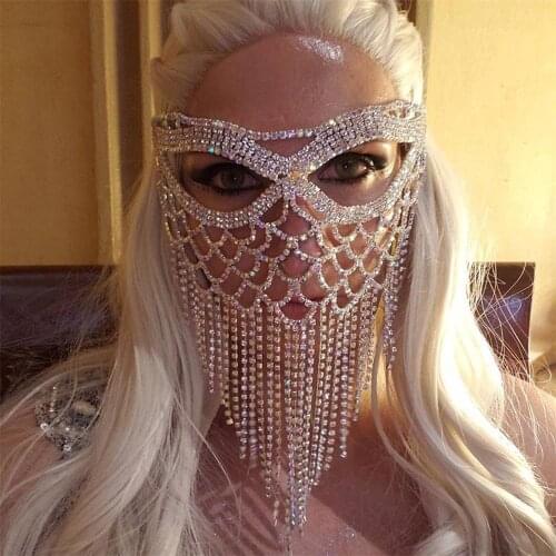 Fashion Exaggerated Sexy Rhinestone Ladies Cat Eye Mask Personality Shiny Mesh Tassel Halloween Prom Party Mask Accessories