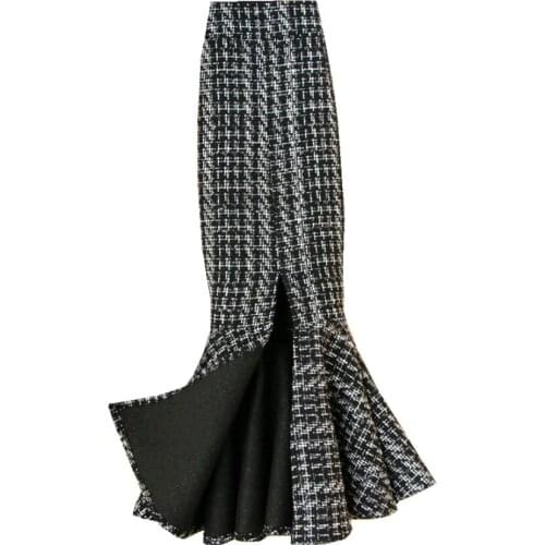 Small fragrance tweed woolen mermaid skirt women autumn winter high waist package hip trumpet skirt plus size 4XL