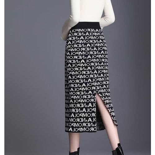 Women Letters Print Split Skirt Knitted Skirt Female Autumn Winter Long Section High Waist Bag Hip