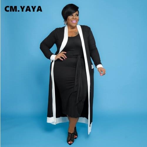 CM.YAYA Women Plus Size Set Patchwork Full Sleeve Long Coat O-neck Bandage Sashes Long Dress Two 2 Piece Sets Outfit Summer 2021