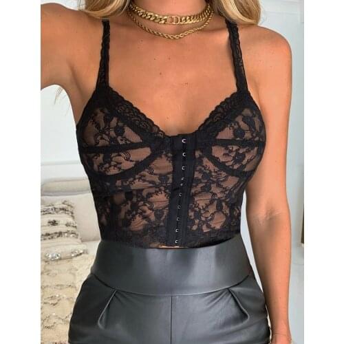 2021 New Women’s Solid Color Lace Perspective Camisole Fashion Summer Sexy V-neck Breasted Exposed Navel Suspender Tops