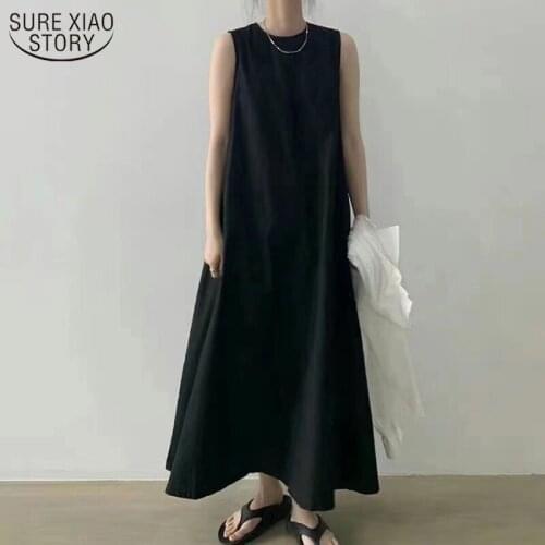 Summer Fashion Solid Dress Korea Chic Loose Plus Size Dress Women Cotton Sleeveless Dress Women Casual Long Dress Vestido 13892