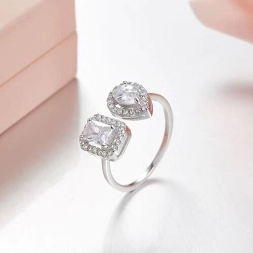 SLJELY Fashion Pure 925 Sterling Silver Square and Heart Open Ring with High Quality Zirconia Stones Women Luxury Brand Jewelry