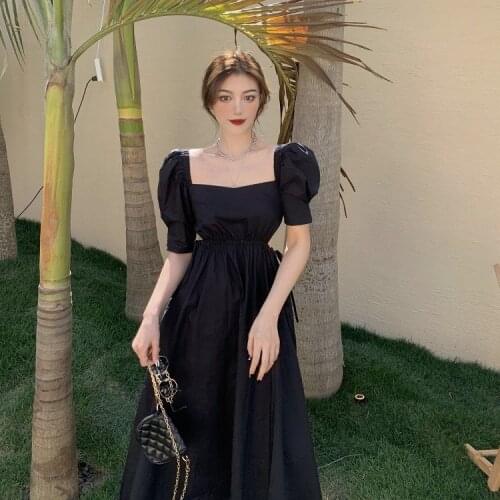 Dress Temperament Square Neck High Waist Female Summer Design Sense Niche French Puff Sleeve Hepburn Style Little Black Dress