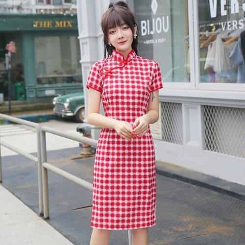 Elegant Slim Chinese Vintage Short Sleeve Daily Ladies Dress Women Cotton Lattice Mini Qipao Sexy Split Plaid Cheongsam Gowns