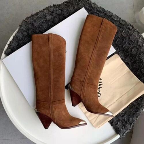 2021 new fashion brand metal pointed high heel high boots, leather womens boots thick heel luxury high boots womens design