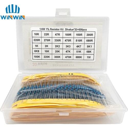300pcs 600pcs 1/4W Resistance 1% 30 Kind Each 10pcs/20pcs Film Resistor Assorted Kit with box