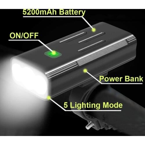 5200mAh Bike Light Front USB Rechargeable Bicycle Light T6 LED MTB Headlight Waterproof Flashlight For Bicycle as Power Bank