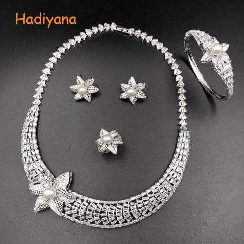 Hadiyana Luxury Bridal Jewelry Sets For Women Elegent Mirco Cubic Zircon Paved By Hand , 4pcs Wedding Sets Flower Shape 1521w
