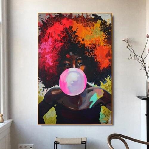Colorful African Woman Graffiti Art Oil Canvas Painting Posters and Prints Bubble Gum Wall Art Picture for Living Room Decor