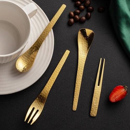 Handmade Stainless Steel Spoon Ice Cream Coffee Stirring Spoons Teaspoon Golden Fruit Fork Dessert Cake Honey Spoon Tableware