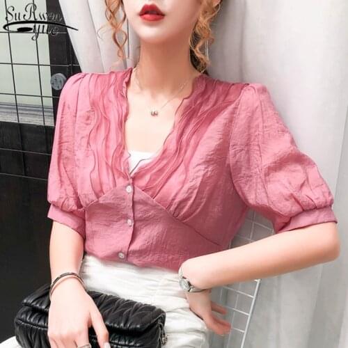 Fashion Style Slim Short Sleeve Blouse White Tops Women 2021 Summer New Korean Style All-match Elegant V-neck Chiffon Shirt 9810