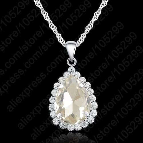 Newest Free Shipping New Fashion 925 Sterling Silver Crystal Necklace Water Drop Shaped Pendant Jewelry Gift Necklace