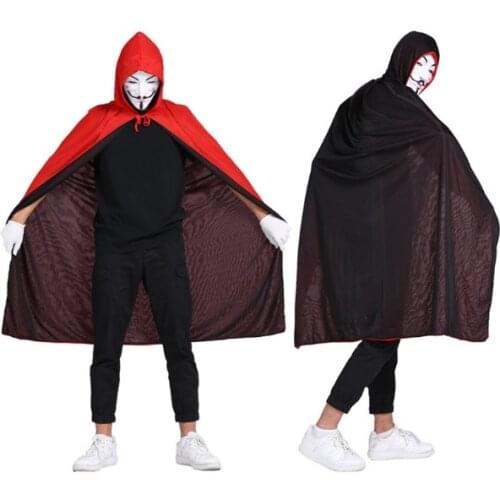 Women Men Death Vampire Cloak Cotume Halloween Costume For Adult Hooded Robe Cosplay Black+Red 2 Sides Wear Cosplay Robe