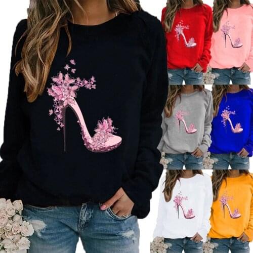 Winter Casual Women Fashion High-heeled Shoes Printed Round Neck Long Sleeved Sweatshirt Loose Ladies Graphic T-shirt Blouse