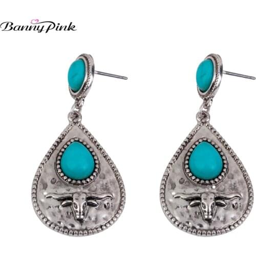 Banny Pink Ethnic Tribal Bull Pendant Earring For Women Vintage Geo Stone Drop Earring Double Waterdrop Statement Dangle Earring