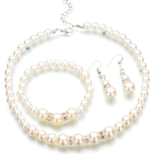 Handmade Elasticity Crystal Beads Imitation Pearls Necklace Charm Bracelet Earrings Set Party Wedding Fashion Jewelry