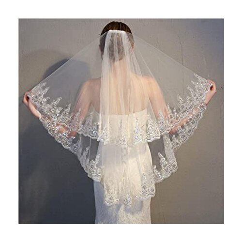 Wedding Veil with Comb 2 Tier Sequins Edge White Hair Accessories for Brides