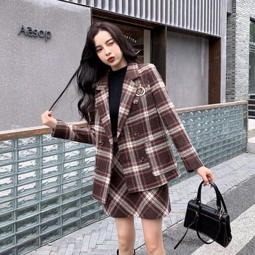 High Quality Womens Winter Fashion Retro Suits Plus Cotton Thick Style Suit Jacket High Waist Short Skirt Two Piece Sets Female