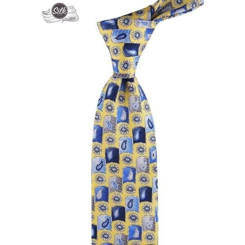 Yellow-Blue Motif Pattern Printed Silk Tie İK620