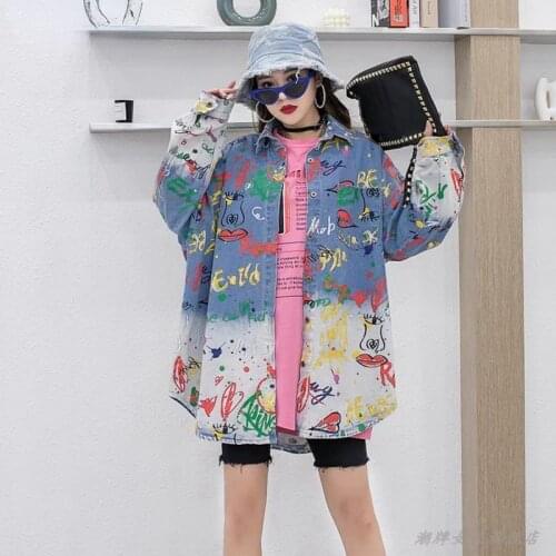 Autumn Fashion Women Denim Jacket Loose Large Size Graffiti Letter Print 2021 Korean Fashion Coat Harajuku Street Style Clothes