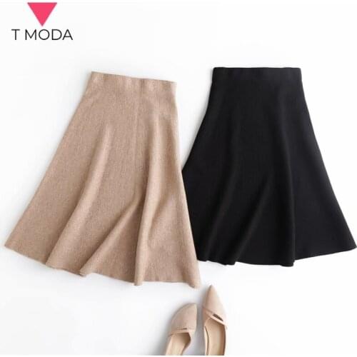 T MODA 2021 Winter Autumn Women Solid Color High Waist Elegant Knitted Skirt Ladies A-line All-match Fashion Chic Skirts Female