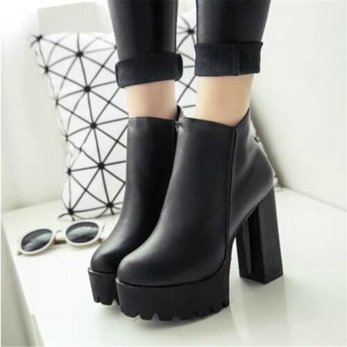 2021Fashion New Womens Side Zipper Ankle Boots Platform Thick High Heel Ladies Boots Winter Woman Shoes Black Boot
