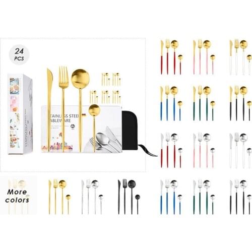24Pcs/set Stainless Steel Dinner Black Gold Dinnerware Set Knife Fork Coffee Spoon Gold Cutlery Set Kitchen Tableware Gift Box