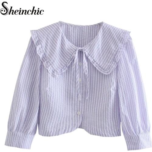 Causal Blue Striped Blusas Feminina Verao 2021 Spring Summer Elegant Long Sleeve Womens Tops and Blouses