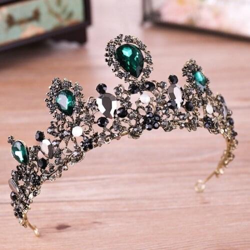 Big Baroque Vintage Black Rhinestone Prom Bride Crown Green Crystal Tiara Bridal Diadem Pageant Wedding Hair Accessories