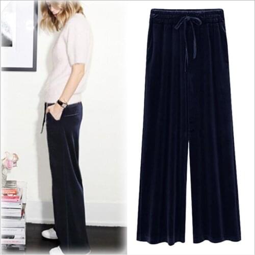 Autumn winter new casual straight pants women female drawstring loose high waist knitted wide leg pants casual Trousers CL89