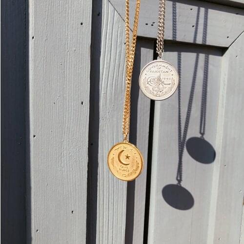 CHUANGU 18k Gold Double Sided Embossed Star and Moon Rupee Coin Sweater Chain Necklace For Couple Necklace Jewelry Gift