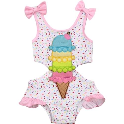 Infant Kids Baby Girl Sweet Ruffles One Piece Swimsuit Fashion Bow Ice Cream Print Hollow Suspender Swimsuit 0-3Y