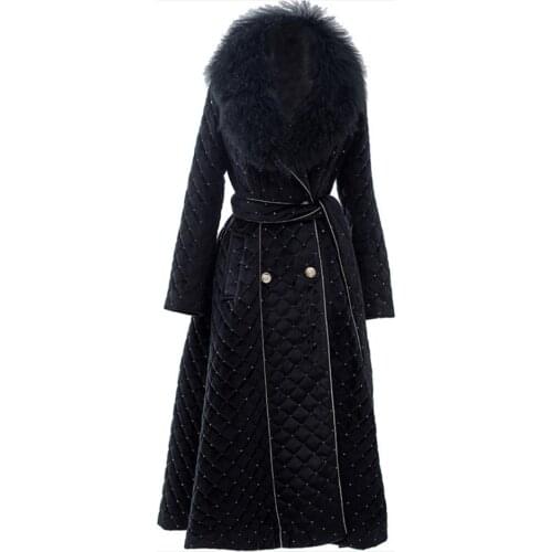 Long Cotton Padded Parkas Coat Women Winter Double Breasted fur collar Slim Work Office Thick Warm Velvet Skirt Parkas