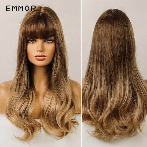Emmor Long Body Natural Wave Wig for Women Synthetic Wavy Wigs with Bangs Fashion Heat Resistant Fiber Cosplay Party Hair Wig